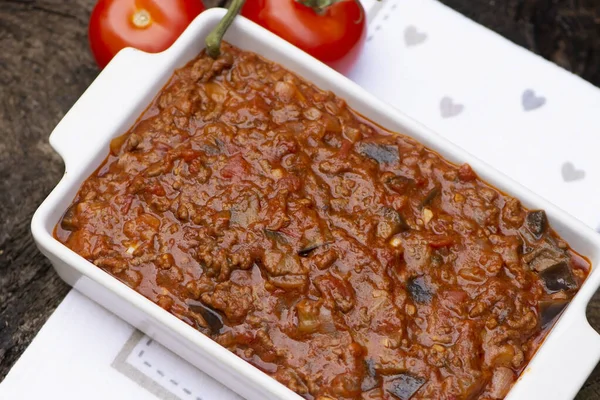 Minced Meat Stewed Eggplant Zucchini Onion Tomato Sauce — Stock fotografie