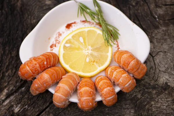 Boiled Large Shrimp Dark Wooden Background — Stockfoto