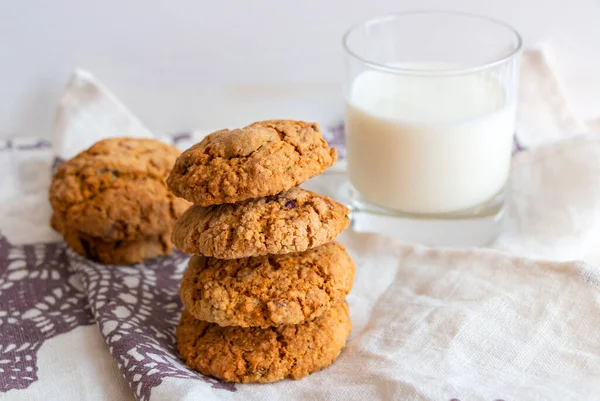 Oatmeal Cookies Milk White Background Linen Towel Purple Snowflakes — Stock Photo, Image