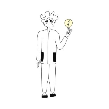 Elinde ampul tutan genç ve mutlu bir adam. Ampulü olan gülümseyen çocuk. Yenilikçi fikirler kuşağı, yaratıcı düşünce, yaratıcılık ve hayal gücü kavramı. Düz çizgi film renkli vektör çizimi.