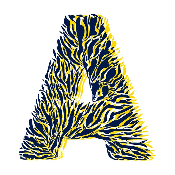 Ornamento floral vetorial para a letra A. Monograma botânico. Folhas azuis e amarelas, galhos, folhas na forma de uma letra ousada. — Vetor de Stock
