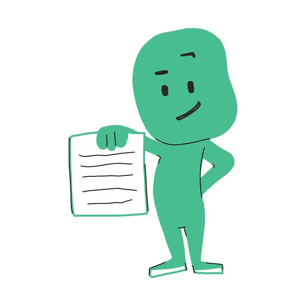 Cute smiling eco character is happy.Vector illustration with a flat cartoon face. Isolated on a white background. the green cute character holds a sheet of text in his hand — Stock Vector