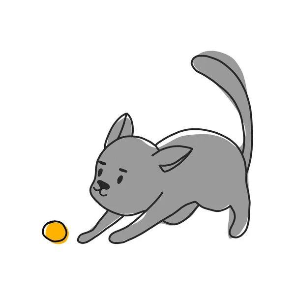 猫を演じてる。ベクトルイラスト。黄色いボールで遊ぶペット。ポスターやバナー、ペットショップやTシャツのために — ストックベクタ