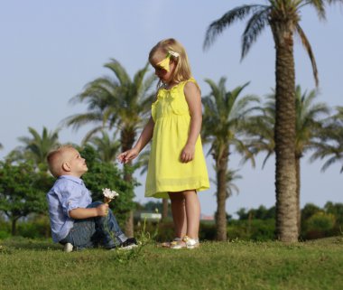 boy gives a girl a flower
