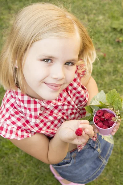 Girl holding raspberries in her hand — Stock Photo, Image