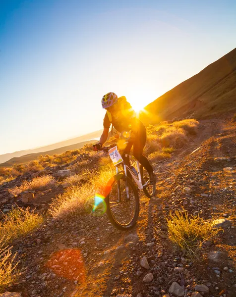 Girl on a bicycle in the rays of the rising sun — Stock Photo, Image