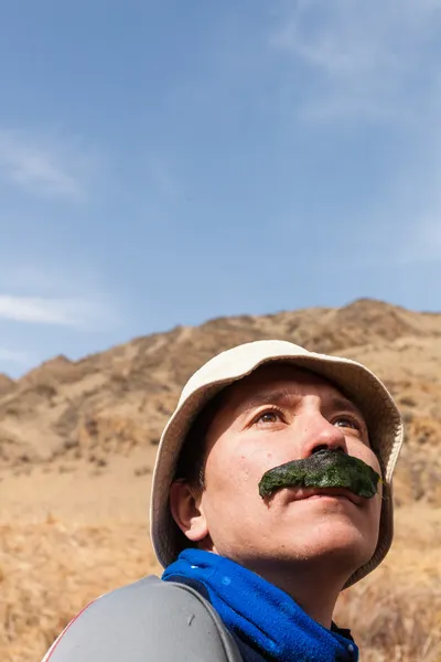 Un uomo cammina in montagna e canyon — Foto Stock