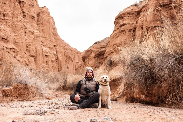 Seorang pria berjalan di gunung dengan anjing labrador — Stok Foto