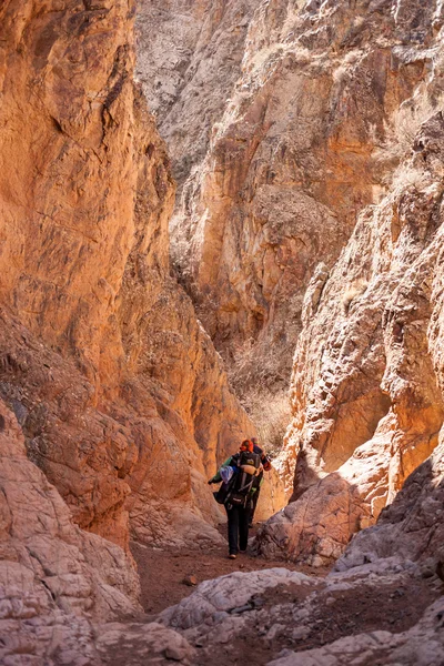 L'uomo cammina in montagna e nei canyon — Foto Stock