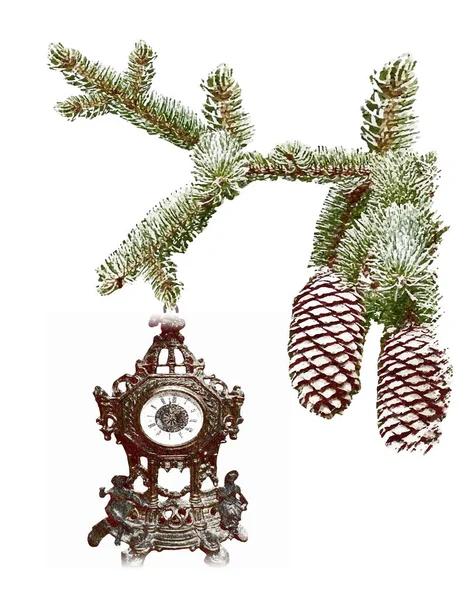 Noel ağacı dalında saat, çam ağacı dalı, Noel süsleme oyuncağı, temel RGB