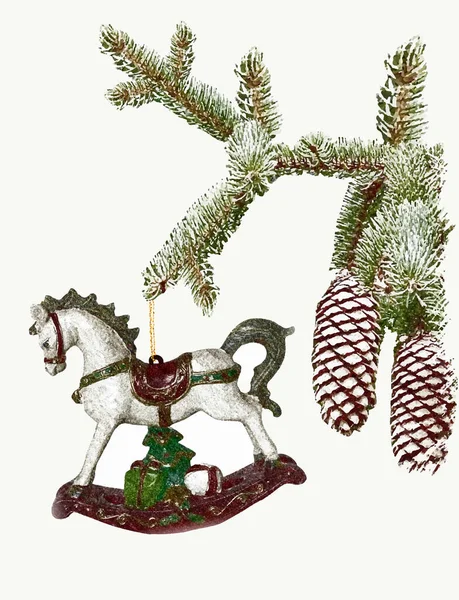 馬とクリスマスツリーの枝 トウヒの木の小枝 クリスマスの装飾おもちゃ 基本的なRgb — ストックベクタ