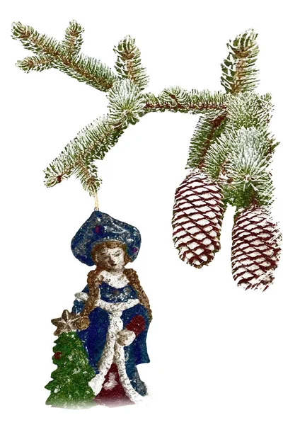 Branche Arbre Noël Avec Snowgirl Branche Épinette Jouet Décoration Noël — Image vectorielle