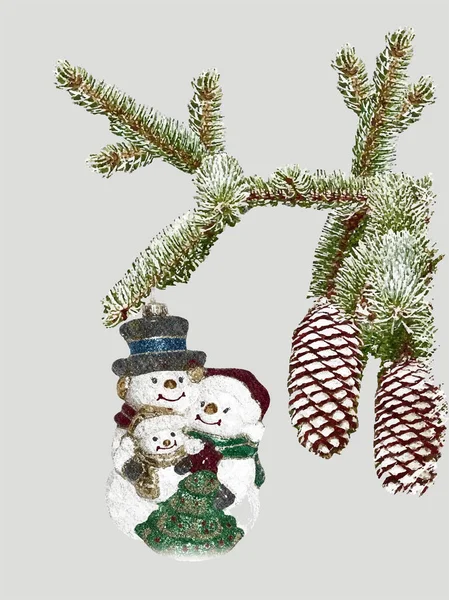Weihnachtsbaumzweig Mit Schneemannfamilie Fichtenzweig Weihnachtsdeko Spielzeug Basic Rgb — Stockvektor
