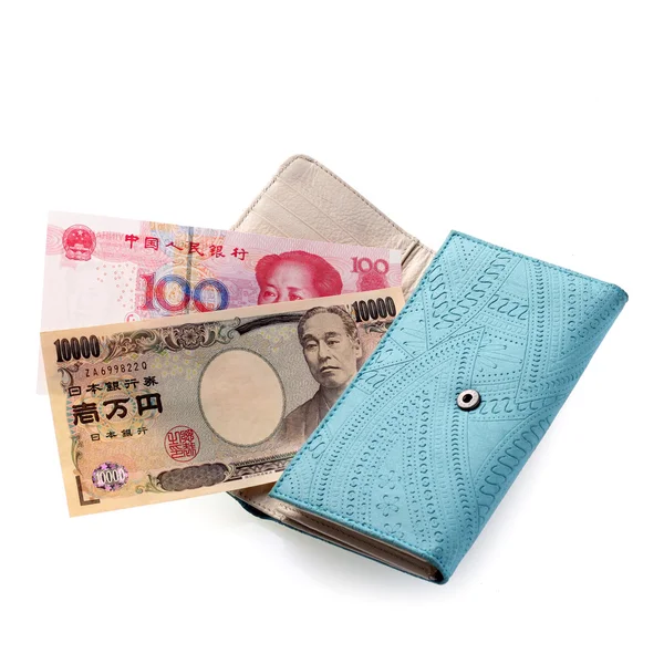 Японская иена в синем кошельке — стоковое фото