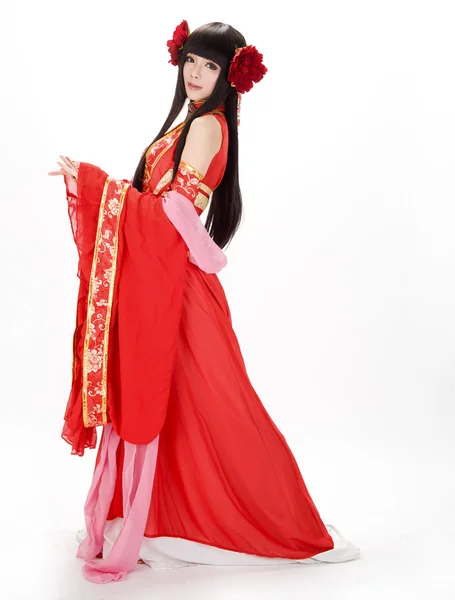 Asia chica china en rojo vestido tradicional bailarina — Foto de Stock