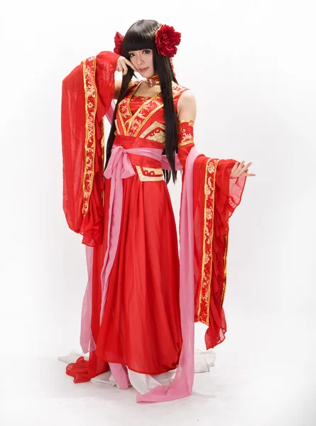 Asia kínai lány piros hagyományos ruha táncos — Stock Fotó