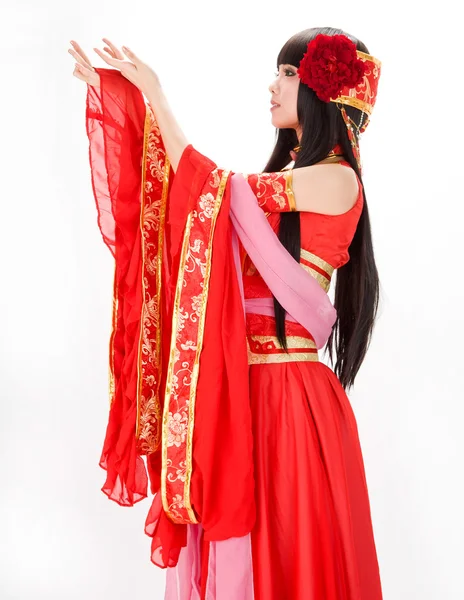 Ασία κινέζικο κορίτσι στο κόκκινο παραδοσιακό φόρεμα χορεύτρια — Φωτογραφία Αρχείου