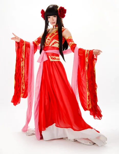 Asia kínai lány piros hagyományos ruha táncos — Stock Fotó