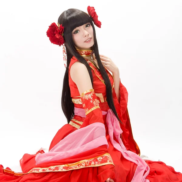 Ásia menina chinesa em vermelho dançarina vestido tradicional — Fotografia de Stock