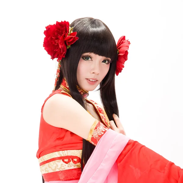 Asien kinesisk flicka i röd klänning traditionella dansare — Stockfoto