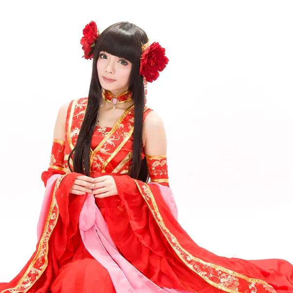 赤の伝統的な衣装のダンサーのアジア中国の女の子 ストック写真