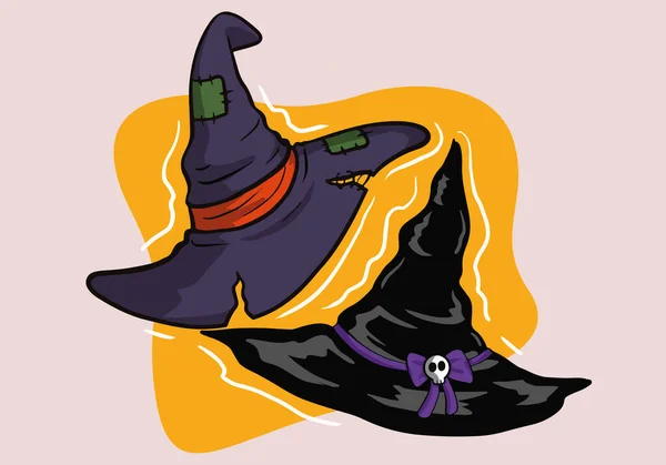 Zwarte Halloween Heksenhoed Patched Hat Purple Ribbon Met Schedel Vectorillstratie — Stockvector