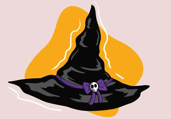 Black Halloween Witch Hat Purple Ribbon Skull Vector Illstration Eps10 — Stock Vector