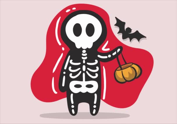 Мультипликационный Ручной Рисунок Скелета Хэллоуин Ведром Тыквы — стоковое видео
