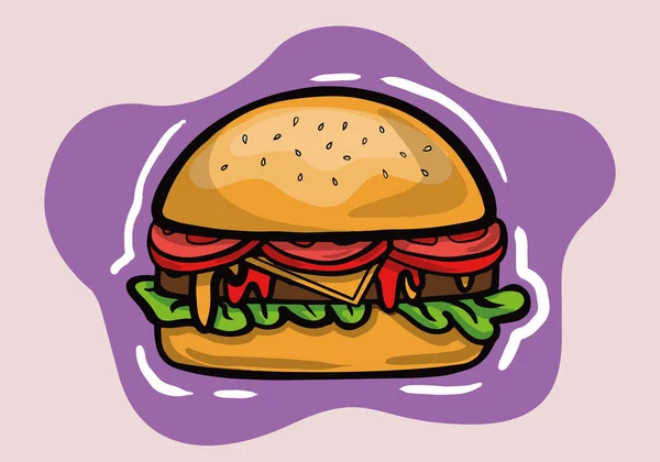 手描きレタストマト玉ねぎチーズ牛とソース近いベクトル現実的なハンバーガー古典的なバーガーアメリカのチーズバーガー白の背景に隔離されました ファーストフード — ストックベクタ