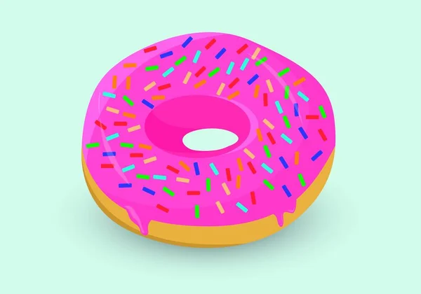 ドーナツは白い背景に隔離されています ピンク色の釉薬と多色の粉末とキュートでカラフルで光沢のあるドーナツ — ストックベクタ
