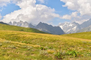 Svaneti bölgesinde yaz dağı manzarası, Gürcistan, Asya. Arka planda karlı dağlar var. Üzerinde bulutlar olan mavi gökyüzü. Gürcistan 'a seyahat
