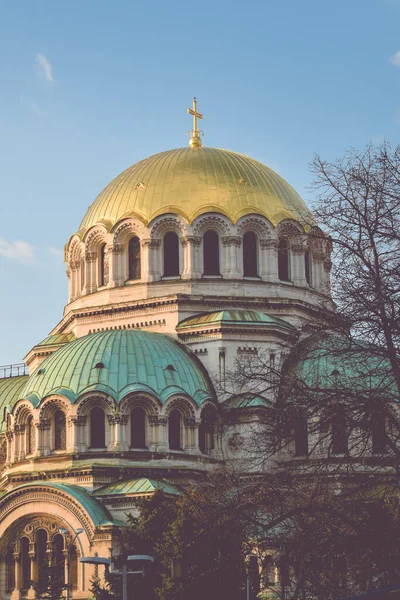 Alexander Nevsky katedralen Sofia, Bulgarien. Bulgarisk-ortodoxa katedralen i Bulgariens huvudstad. Byggd i nybysantinsk stil. Foto tagen i ett solnedgångsljus med träd runt — Stockfoto