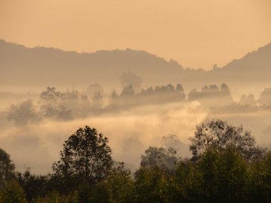 Amazing Sunrise Over Misty Landscape. Scenic View Of Foggy Morning Sky With Rising Sun Above Misty Forest