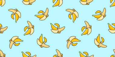 Kusursuz BANANA PATTERN. Sanat eseri deseni. 60 'ların Amerika' sı. Meyvelerle süslenmiş parlak bir süs. Kumaş ve tekstil üzerine baskı yapmak için vektör tasarımı, ambalaj kağıdı. Duvarlar için duvar kağıdı.