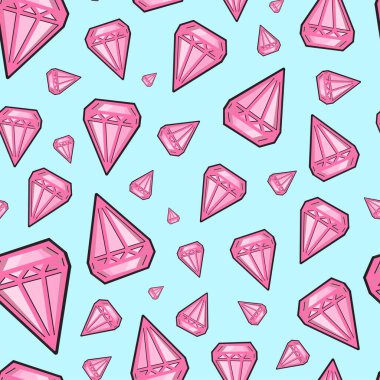 Kristallerle kusursuz desen. Pop sanat tarzında bir patern. Mavi arkaplanda göz kamaştırıcı pembe kristaller. Vektör illüstrasyonu..