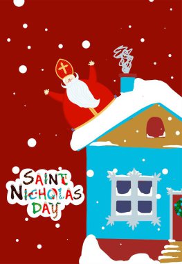 Aziz Nicholas Sinterklaas için şirin bir kartpostal. Tebrik kartı ya da pankart. Aziz Niklas Günü 'nün vektör illüstrasyonu.