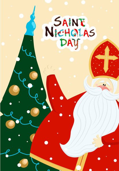 Greeting card for the day of St. Nicholas. Sinterklaas. Winter religious holiday. St. Nicholas or Mikulas.