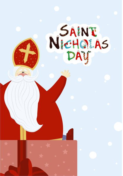 Greeting card for the day of St. Nicholas. Sinterklaas. Winter religious holiday. St. Nicholas or Mikulas.