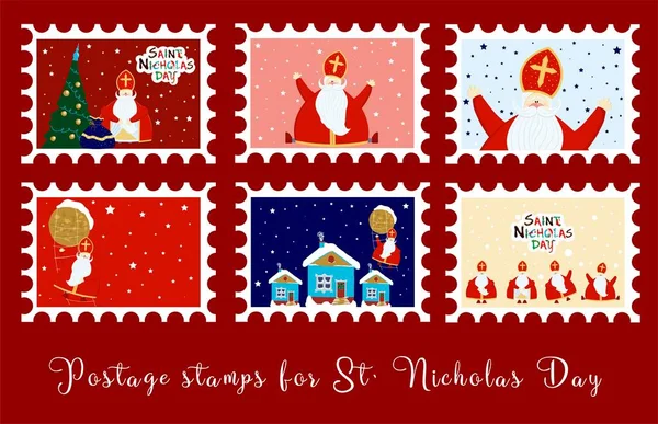 Kutlama posta pulları. Aziz Niklas günü için pullar. Tatil için tebrikler. Sinterklaas arifesi. Yaşlı adam. Hristiyan karakteri. Bebekler için hediyeler. Yaratıcı Envenope yapışkanları. VECTOR ILLUSTR