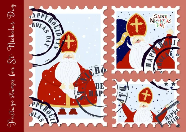 Feestelijke Postzegels Postzegels Voor Dag Van Sint Nicolaas Gefeliciteerd Met — Stockvector