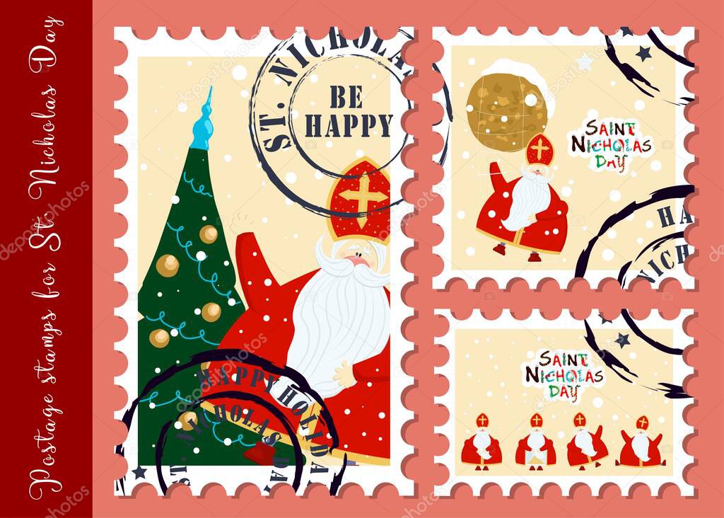 Festive postage stamps. Stamps for the day of St. Nicholas. Congratulations on the holiday. Sinterklaas eve. Old man. Christian character. Gifts for babies. CREATIVE ENVELOPE STICKERS. VECTOR ILLUSTR