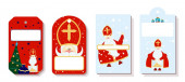 Světlé slavnostní papírové cenovky nebo dárkové tagy různých tvarů. Sada nálepek na den svatého Mikuláše. Mikuláši, Sinterklaasi Evo, Mikuláši. Dárkové poukazy.