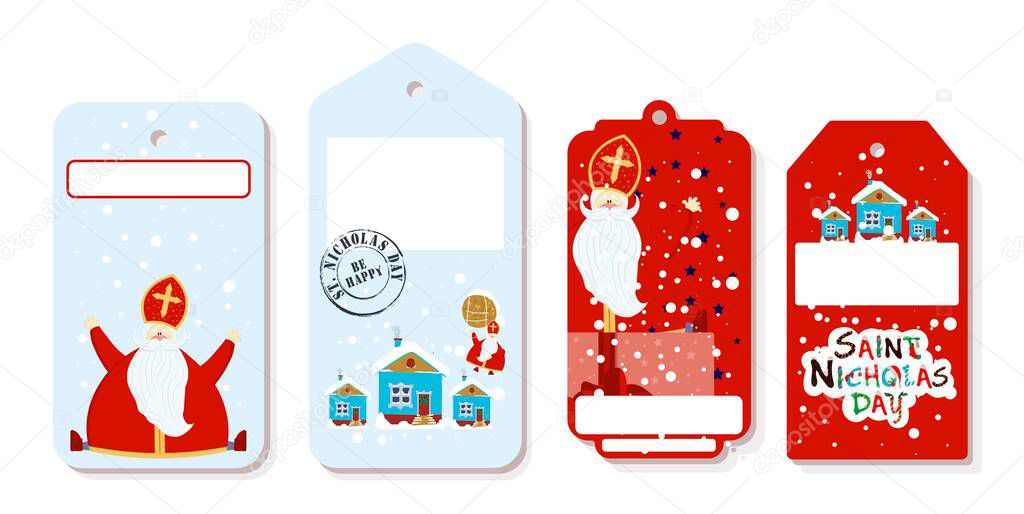 Bright festive paper price tags or gift tags of various shapes. Set of stickers for the day of St. Nicholas. St. Nicholas Day, Mikulas, Sinterklaas Eve. Gift tags.