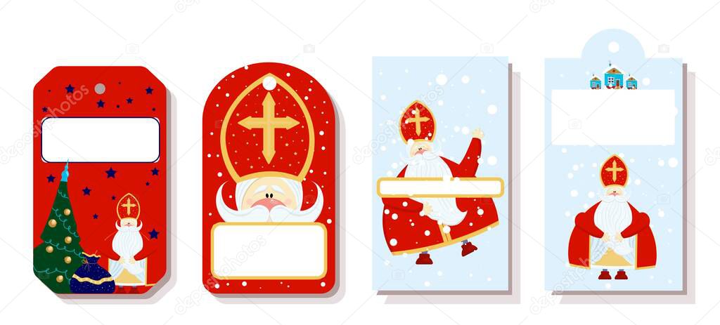 Bright festive paper price tags or gift tags of various shapes. Set of stickers for the day of St. Nicholas. St. Nicholas Day, Mikulas, Sinterklaas Eve. Gift tags.