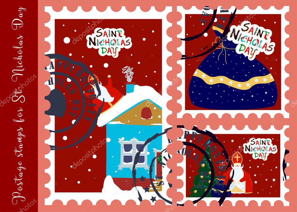 December 6. St. Nicolas day. Sinterkalaas. Winter Christian holiday for children. Christmas Holidays. Postage stamps for St. Nicholas. Stickers for envelopes. Vector festive postage stamps.