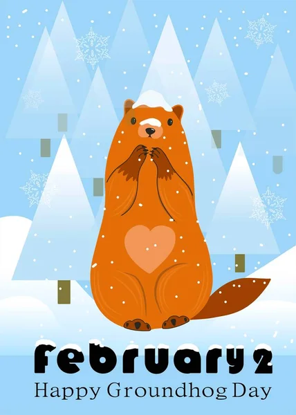 Köstebek Günü tebrik kartın kutlu olsun. Şirin Köstebek Karakterli Mutlu Marmot Günü Typographic Vektör Tasarımı - Reklam Posteri ya da Flyer Şablonu. Marmot ve karlı soyut sanat şablonları. Fla