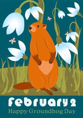 Köstebek Günü tebrik kartın kutlu olsun. Tatlı Köstebek Karakterli Mutlu Marmot Günü Typographic Vektör Tasarımı - Reklam Posteri