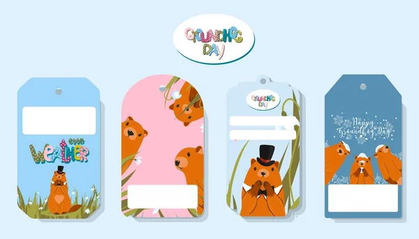 Joyeuse Journée Marmotte Ensemble Étiquettes Marmottes Lettrage Texte Pour Carte — Image vectorielle