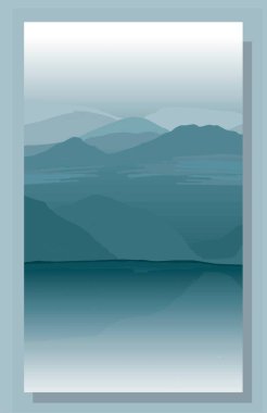 Soyut manzara. Dağ manzaralı iç poster. Gri-yeşil tonlar. Sisli şafak. Dağlarda gün doğumu. Vektör illüstrasyonu.