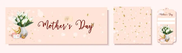 Anyák Napi Üdvözlőlap Vektor Transzparens Fehér Tulipánokkal Arany Madarakkal Rózsaszín — Stock Vector